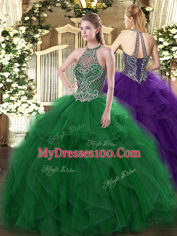 Best Selling Halter Top Sleeveless 15 Quinceanera Dress Floor Length Beading and Ruffles Green Organza