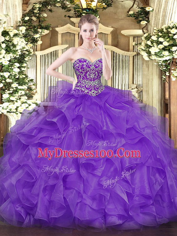 Glorious Lavender Sweetheart Lace Up Beading and Ruffles Sweet 16 Dresses Sleeveless
