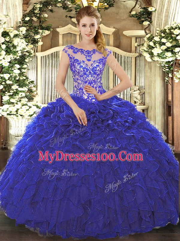 Most Popular Beading and Ruffles Quinceanera Dresses Royal Blue Lace Up Cap Sleeves Floor Length