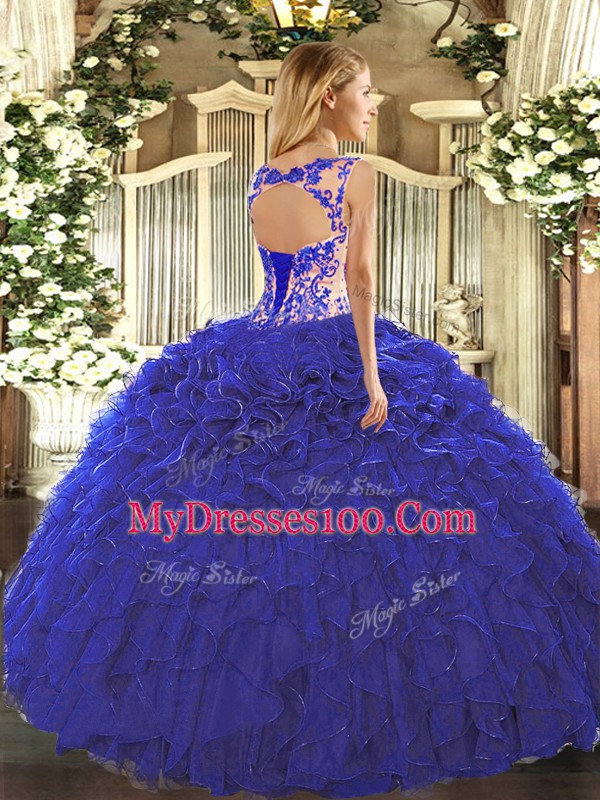 Most Popular Beading and Ruffles Quinceanera Dresses Royal Blue Lace Up Cap Sleeves Floor Length