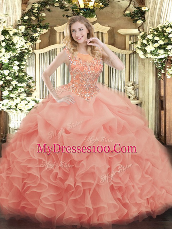 Baby Pink Organza Zipper Quince Ball Gowns Sleeveless Floor Length Beading and Ruffles