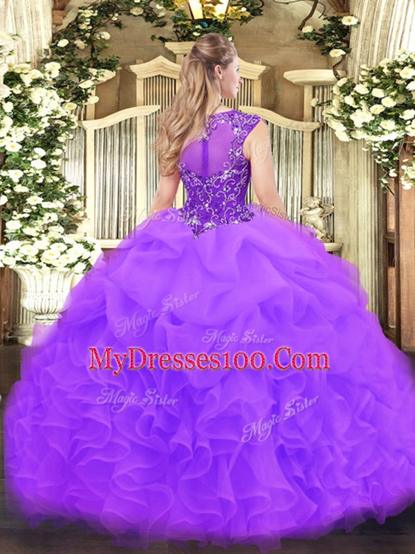 Baby Pink Organza Zipper Quince Ball Gowns Sleeveless Floor Length Beading and Ruffles