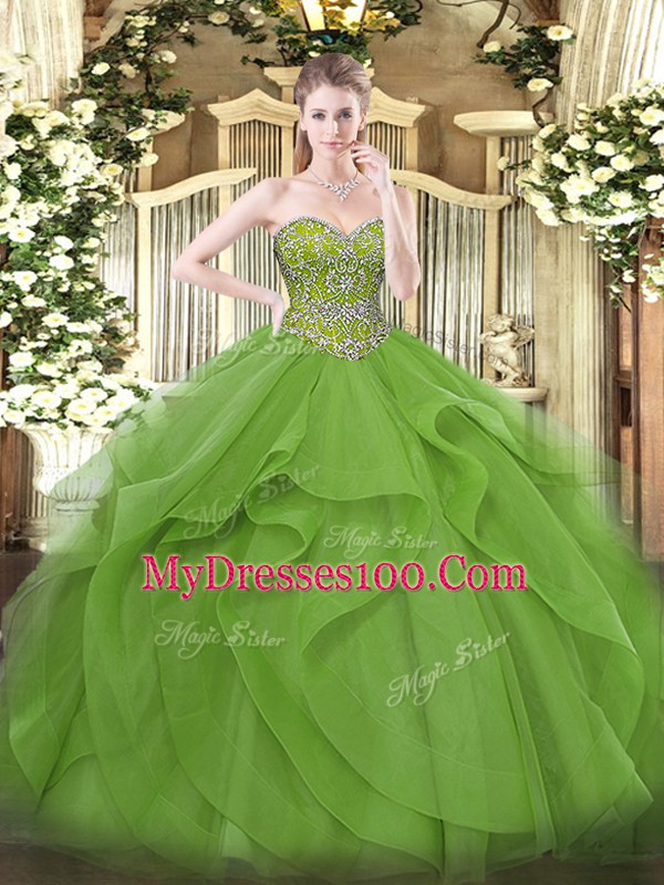 Olive Green Tulle Lace Up Quinceanera Gowns Sleeveless Floor Length Beading and Ruffles