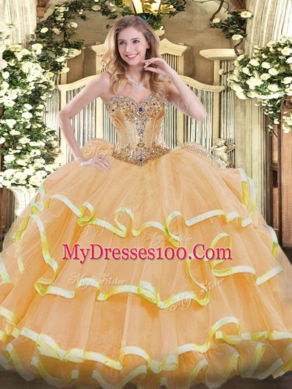 Sumptuous Floor Length Ball Gowns Sleeveless Gold Sweet 16 Dresses Lace Up