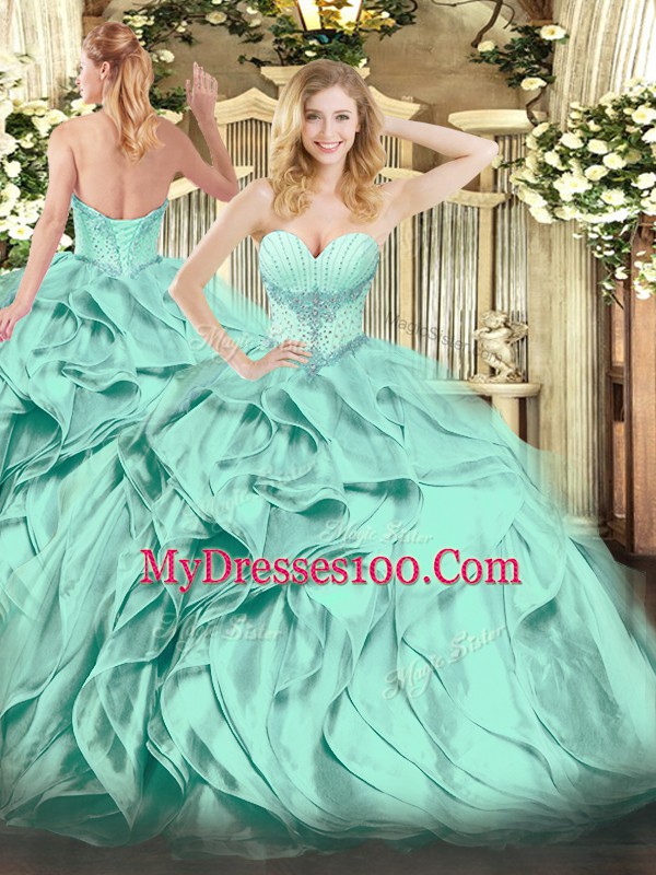 Turquoise Organza Lace Up Quinceanera Dress Sleeveless Floor Length Beading and Ruffles
