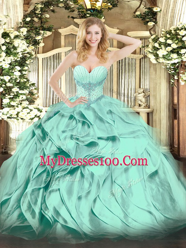 Turquoise Organza Lace Up Quinceanera Dress Sleeveless Floor Length Beading and Ruffles