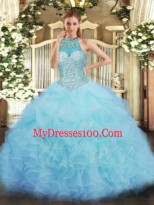 Deluxe Beading and Ruffles and Pick Ups Sweet 16 Dresses Aqua Blue Lace Up Sleeveless Floor Length