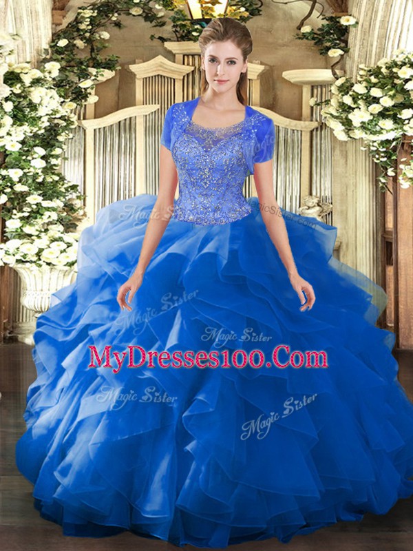 Suitable Blue Sleeveless Floor Length Beading and Ruffled Layers Clasp Handle Vestidos de Quinceanera