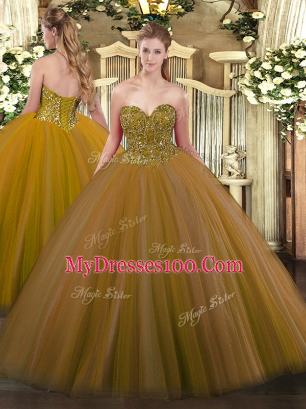Brown Ball Gowns Sweetheart Sleeveless Tulle Floor Length Lace Up Beading 15th Birthday Dress