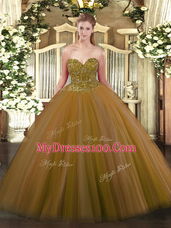 Brown Ball Gowns Sweetheart Sleeveless Tulle Floor Length Lace Up Beading 15th Birthday Dress
