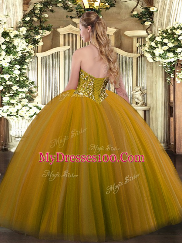 Brown Ball Gowns Sweetheart Sleeveless Tulle Floor Length Lace Up Beading 15th Birthday Dress