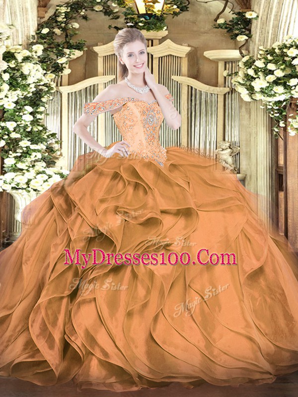 Beading and Ruffles Vestidos de Quinceanera Brown Lace Up Sleeveless Floor Length