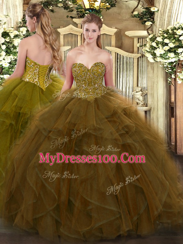 Brown Sleeveless Ruffles Floor Length 15th Birthday Dress