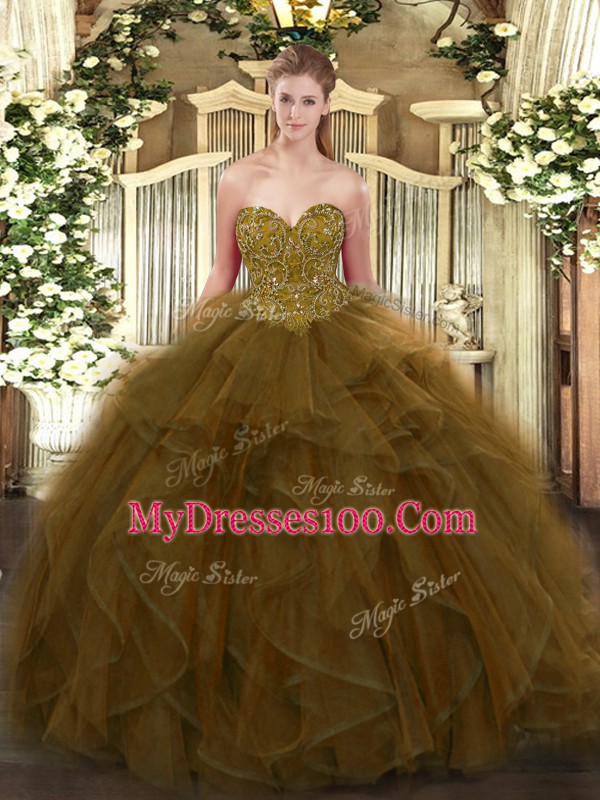 Brown Sleeveless Ruffles Floor Length 15th Birthday Dress