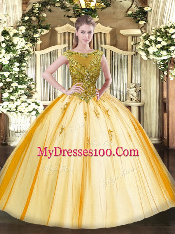 Classical Gold Tulle Lace Up Sweet 16 Dresses Cap Sleeves Floor Length Beading