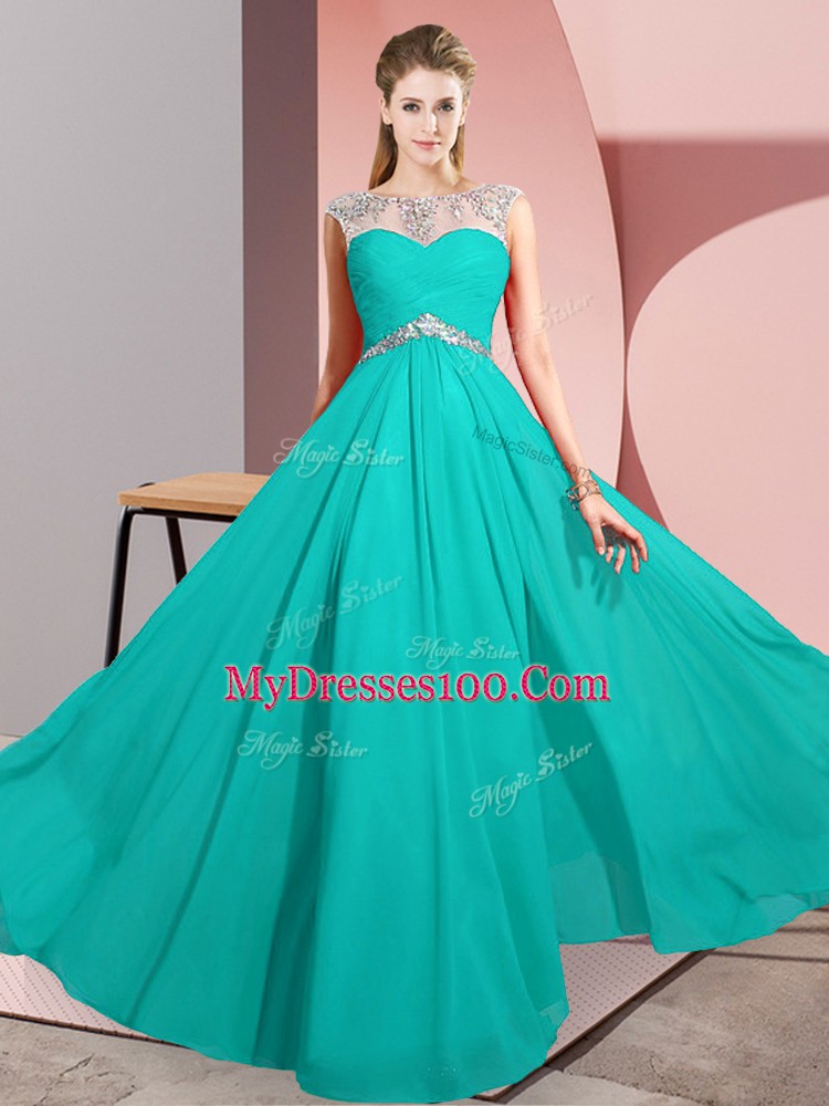 Glittering Turquoise Chiffon Clasp Handle Scoop Sleeveless Floor Length Beading