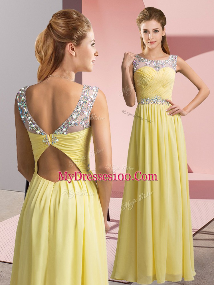 Graceful Beading Prom Dress Yellow Clasp Handle Sleeveless Floor Length