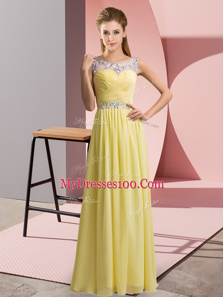Graceful Beading Prom Dress Yellow Clasp Handle Sleeveless Floor Length