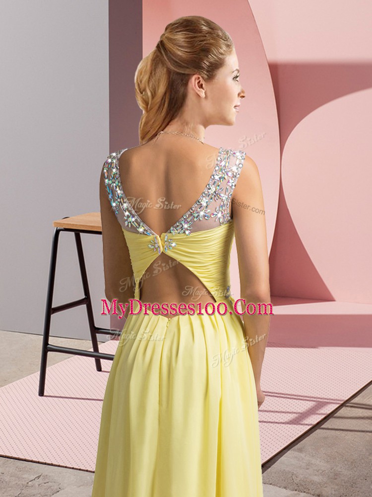 Graceful Beading Prom Dress Yellow Clasp Handle Sleeveless Floor Length