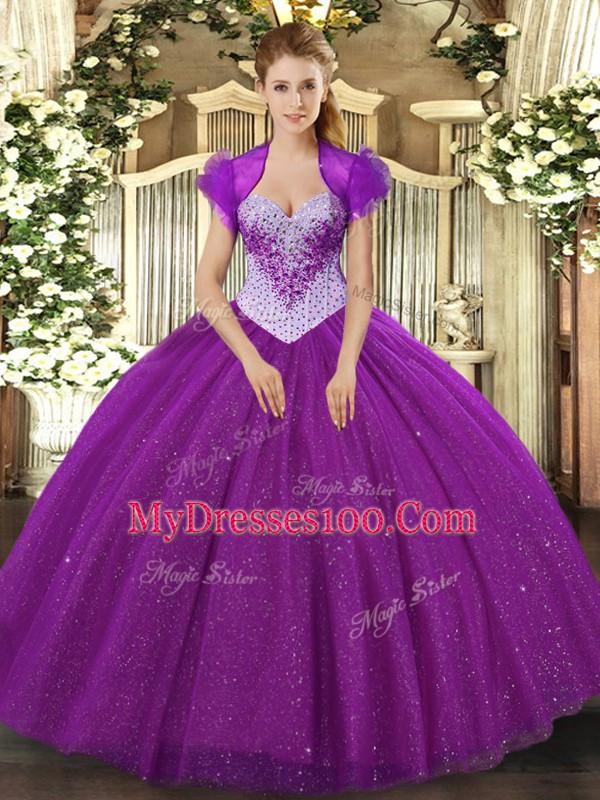 Sleeveless Beading and Sequins Lace Up Quince Ball Gowns
