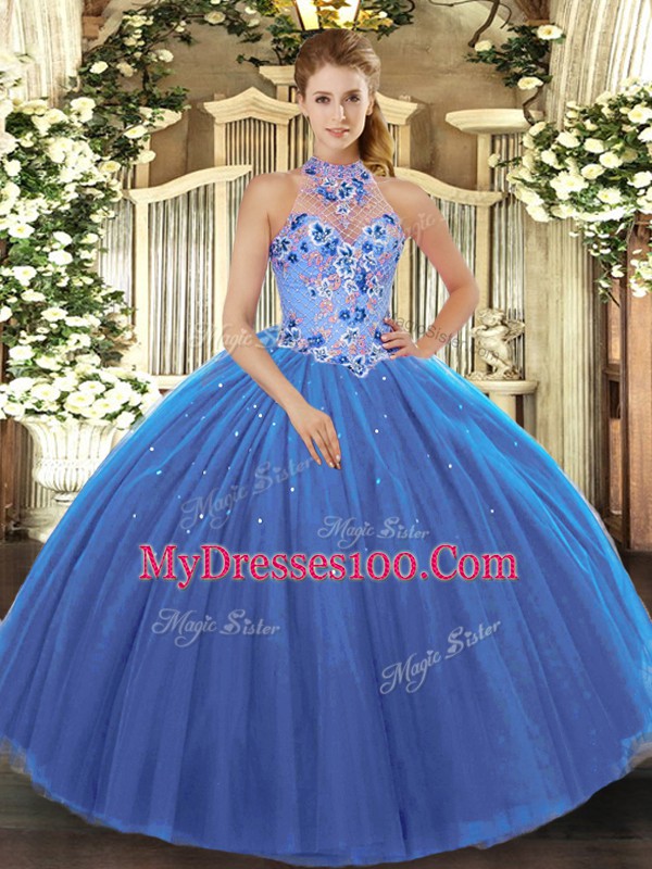 Fashionable Blue Tulle Lace Up Vestidos de Quinceanera Sleeveless Floor Length Embroidery