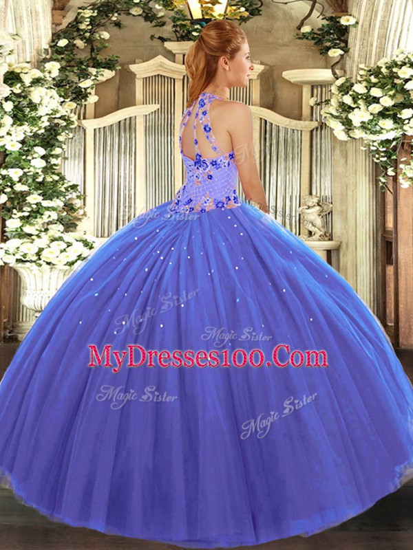 Fashionable Blue Tulle Lace Up Vestidos de Quinceanera Sleeveless Floor Length Embroidery