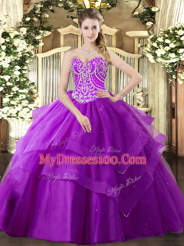 Tulle Sleeveless Floor Length Quinceanera Dresses and Beading and Ruffled Layers