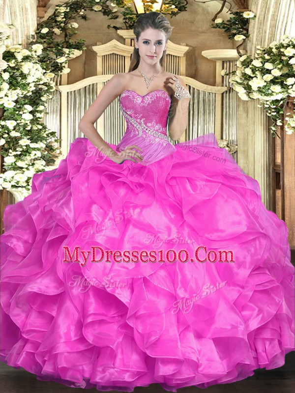 Fuchsia Organza Lace Up Quinceanera Dress Sleeveless Floor Length Beading and Ruffles