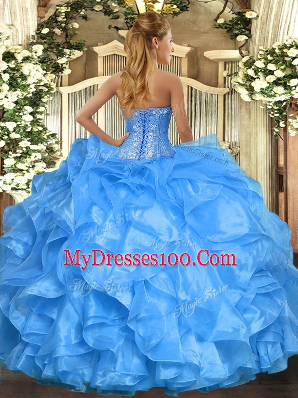Fuchsia Organza Lace Up Quinceanera Dress Sleeveless Floor Length Beading and Ruffles