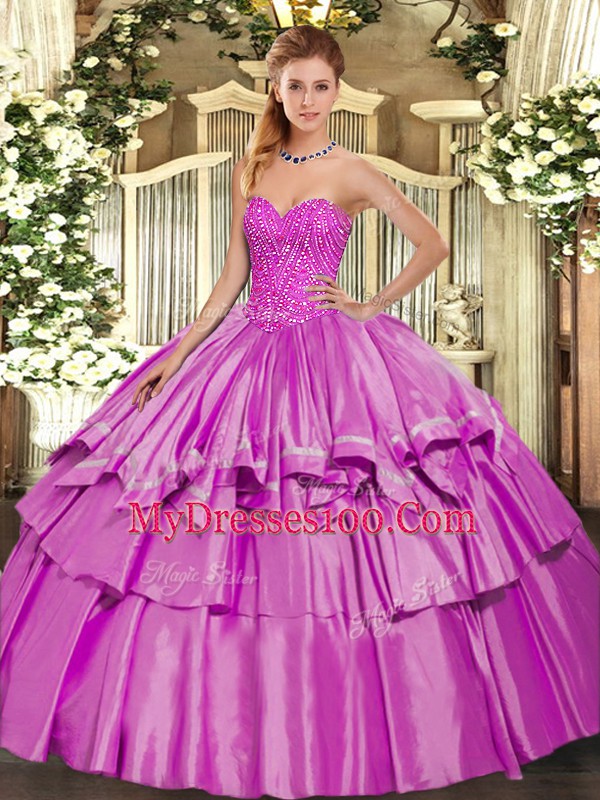 Lilac Organza and Taffeta Lace Up 15th Birthday Dress Sleeveless Floor Length Beading and Ruffled Layers