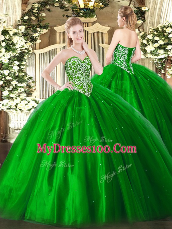Graceful Floor Length Lace Up Quinceanera Dresses Green for Military Ball and Sweet 16 and Quinceanera with Beading