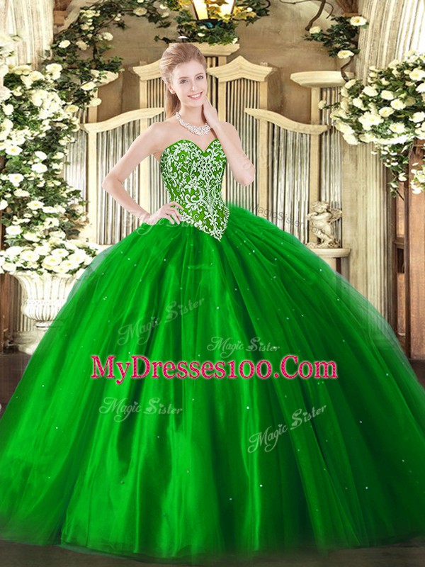 Graceful Floor Length Lace Up Quinceanera Dresses Green for Military Ball and Sweet 16 and Quinceanera with Beading