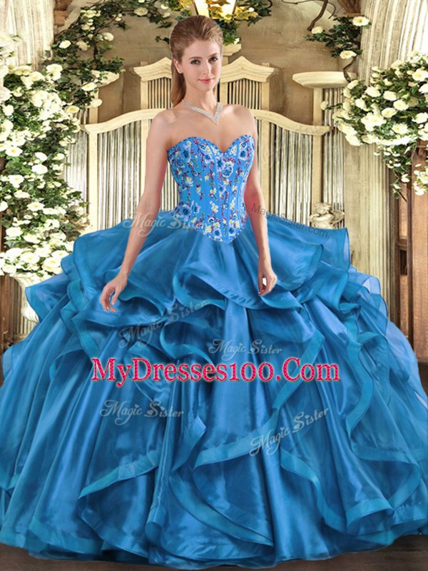 Affordable Blue Sweetheart Lace Up Embroidery and Ruffles Quinceanera Dresses Sleeveless