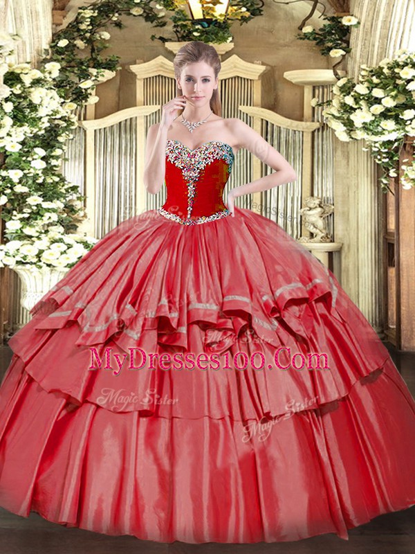 Organza and Taffeta Sweetheart Sleeveless Lace Up Beading and Ruffled Layers 15 Quinceanera Dress in Coral Red