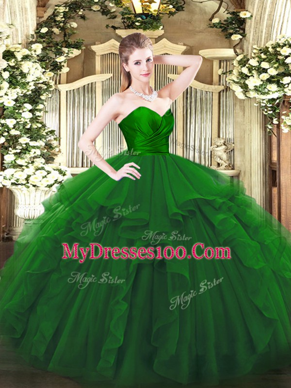 Affordable Green Ball Gowns Tulle Sweetheart Sleeveless Ruffles Floor Length Zipper Vestidos de Quinceanera