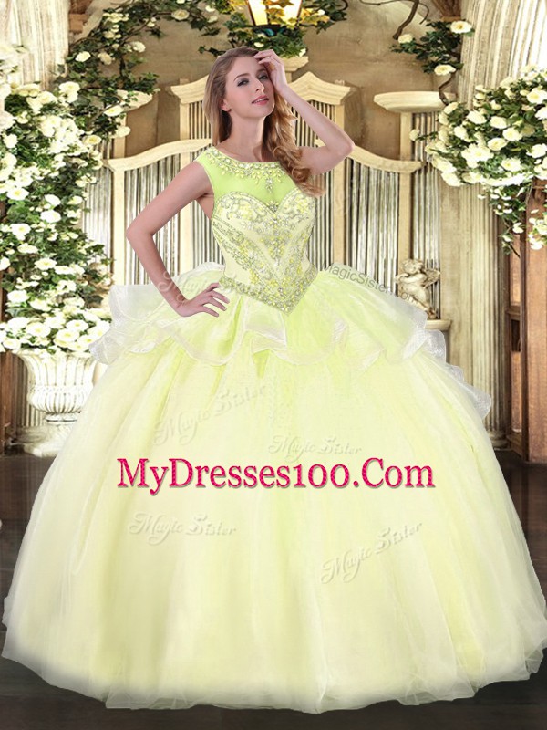 Hot Selling Floor Length Ball Gowns Sleeveless Light Yellow Sweet 16 Quinceanera Dress Lace Up