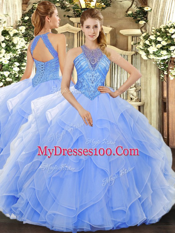 Exceptional Floor Length Light Blue Quinceanera Gown High-neck Sleeveless Lace Up