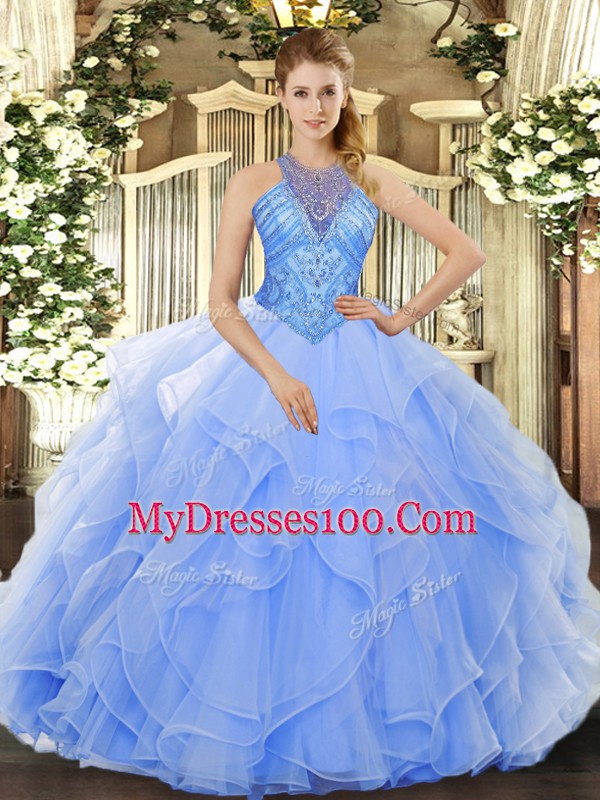 Exceptional Floor Length Light Blue Quinceanera Gown High-neck Sleeveless Lace Up
