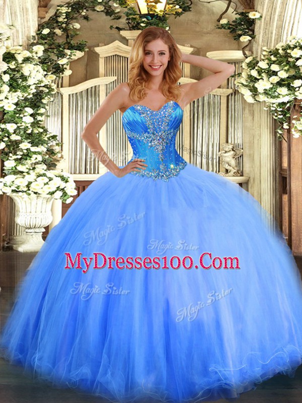 Traditional Blue Sleeveless Tulle Lace Up 15th Birthday Dress for Sweet 16 and Quinceanera