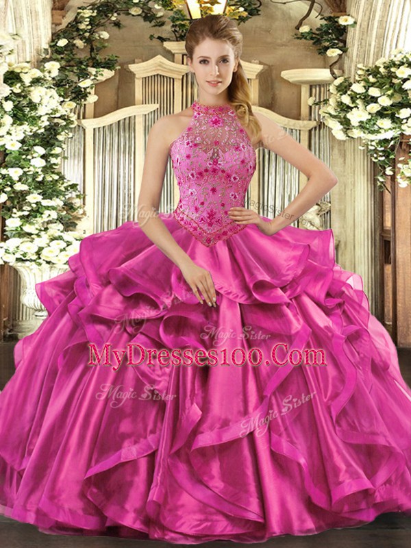 Sumptuous Fuchsia Sleeveless Beading and Embroidery and Ruffles Floor Length Vestidos de Quinceanera
