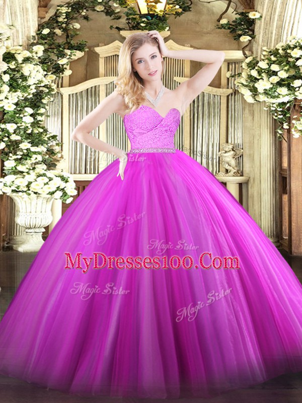 Fuchsia Ball Gowns Beading and Lace Quinceanera Gown Zipper Tulle Sleeveless Floor Length