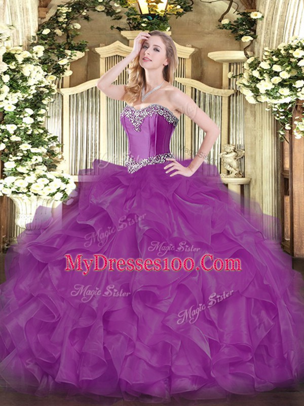 Discount Fuchsia Sleeveless Beading and Ruffles Floor Length Quince Ball Gowns
