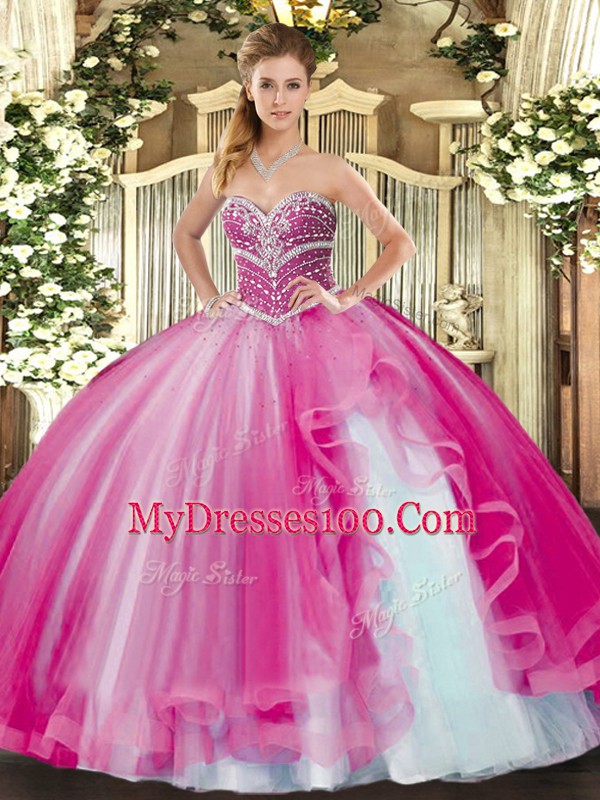 Custom Fit Sleeveless Lace Up Floor Length Beading and Ruffles Quinceanera Dresses