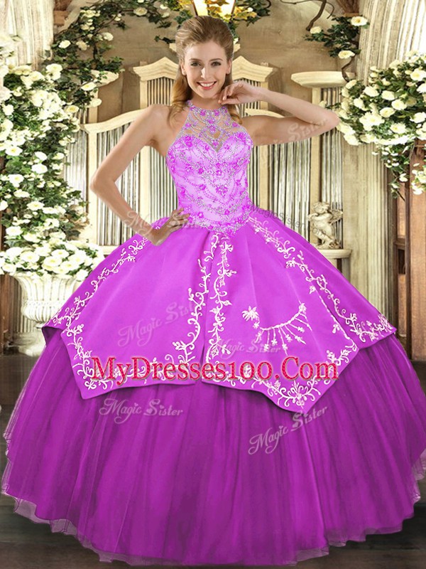 Floor Length Lace Up Quince Ball Gowns Fuchsia for Military Ball and Sweet 16 and Quinceanera with Beading and Embroidery