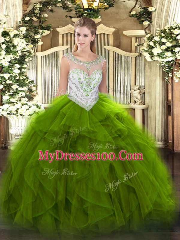Free and Easy Sleeveless Floor Length Beading and Ruffles Zipper Sweet 16 Dress with Green