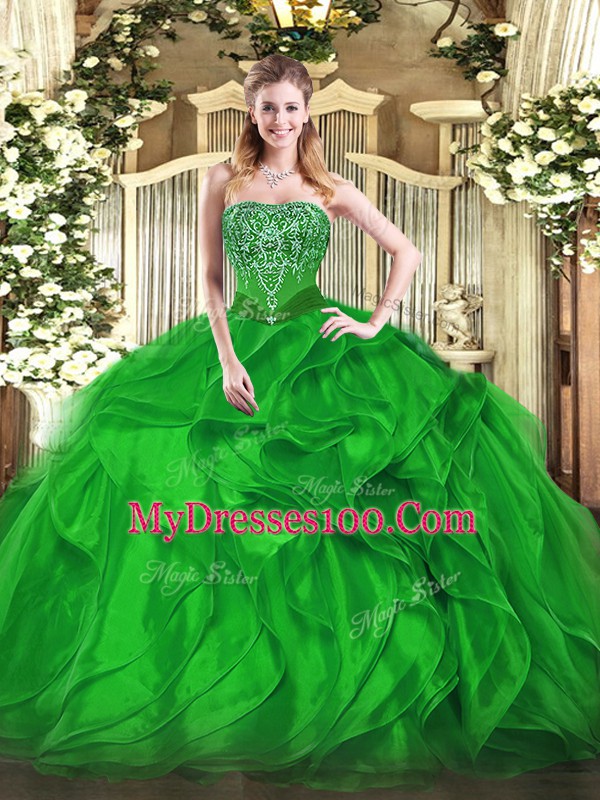 Green Ball Gowns Organza Strapless Sleeveless Beading and Ruffles Floor Length Lace Up Quinceanera Dresses