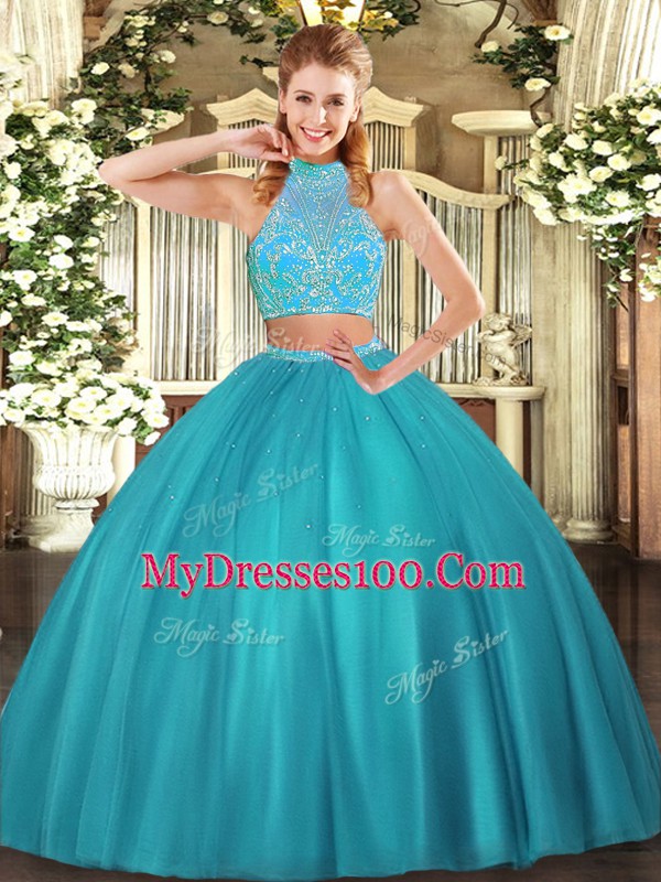 Low Price Floor Length Two Pieces Sleeveless Aqua Blue Vestidos de Quinceanera Criss Cross