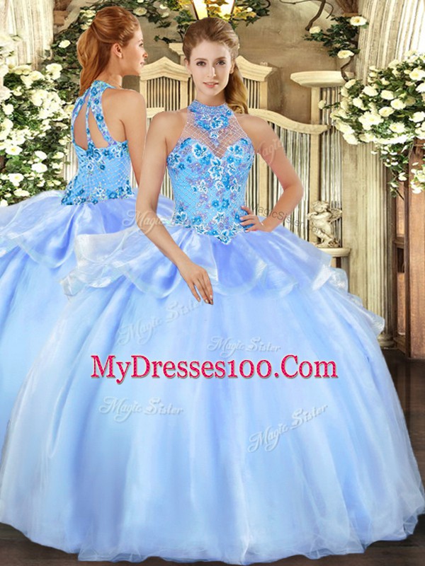 Baby Blue Halter Top Neckline Embroidery Quince Ball Gowns Sleeveless Lace Up