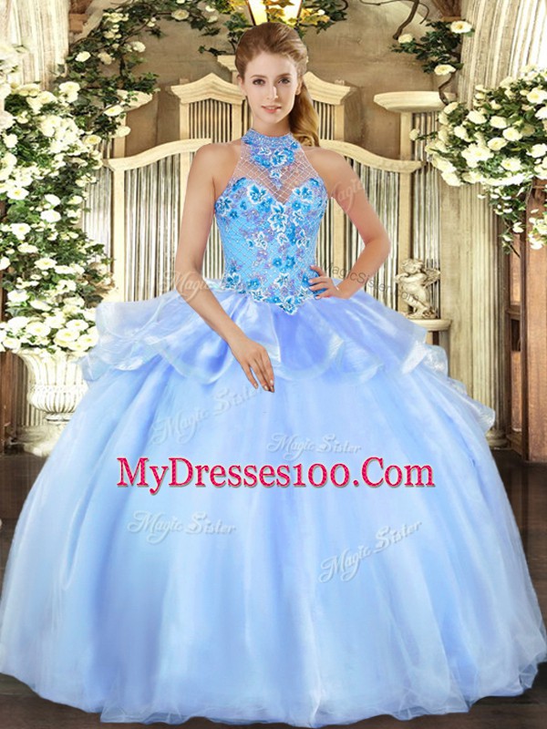 Baby Blue Halter Top Neckline Embroidery Quince Ball Gowns Sleeveless Lace Up