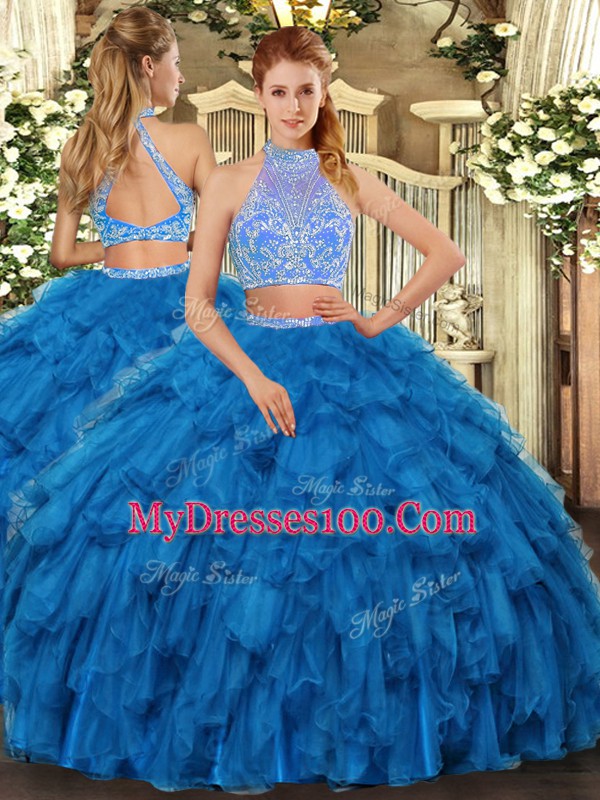 Hot Selling Floor Length Blue Sweet 16 Dress Organza Sleeveless Beading and Ruffles
